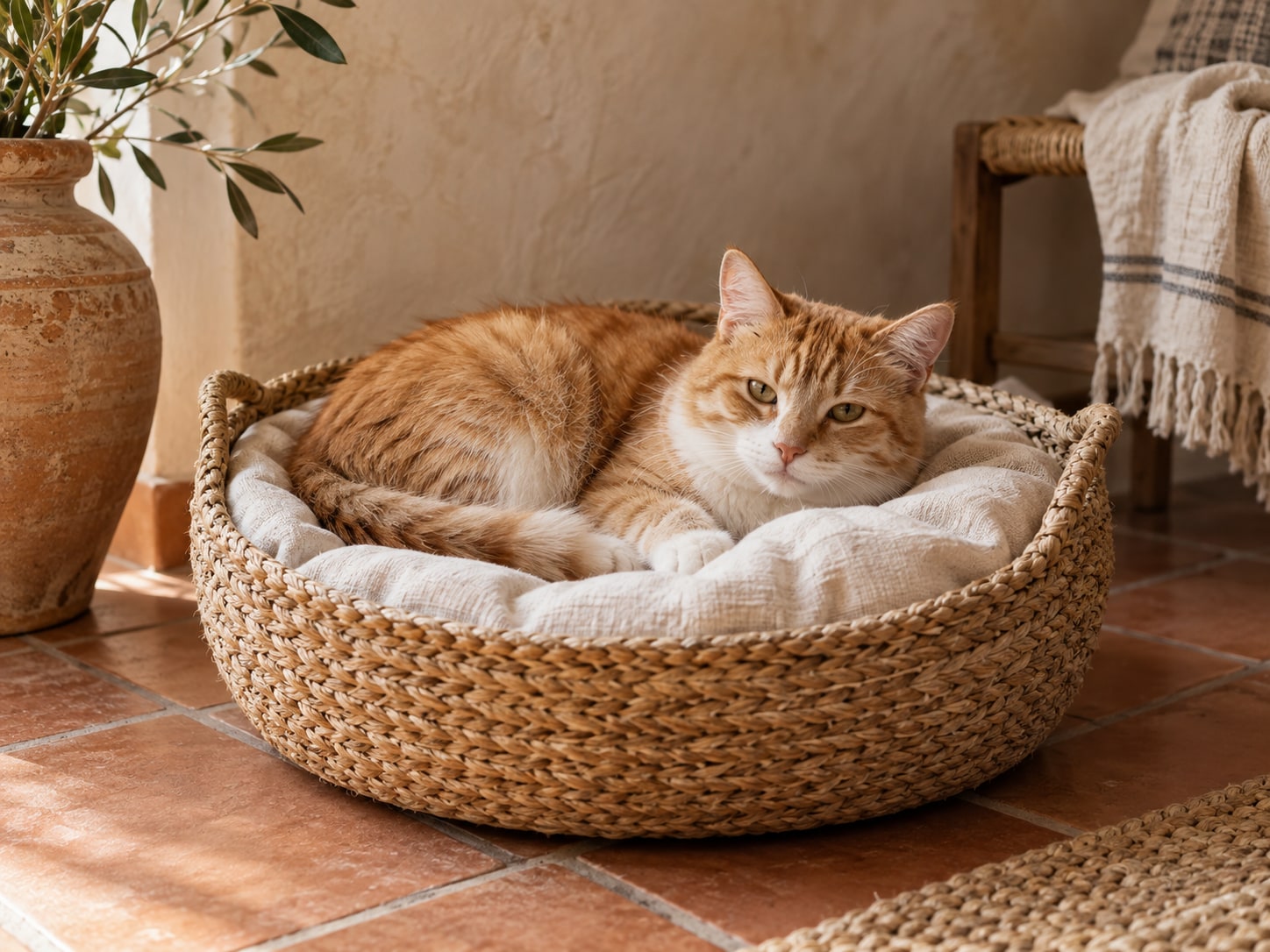 Chat roux et crème reposant dans un panier tressé